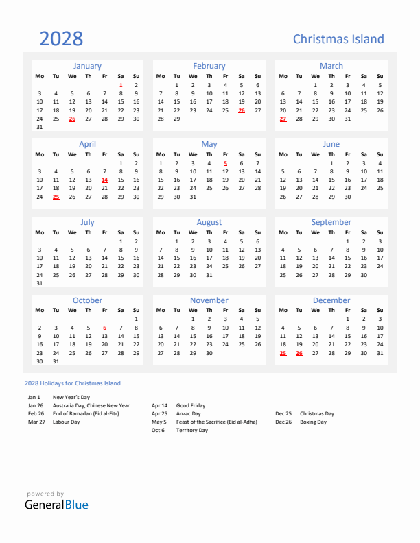 Basic Yearly Calendar with Holidays in Christmas Island for 2028 