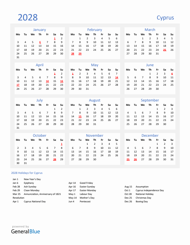 Basic Yearly Calendar with Holidays in Cyprus for 2028 