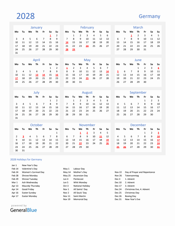 Basic Yearly Calendar with Holidays in Germany for 2028 