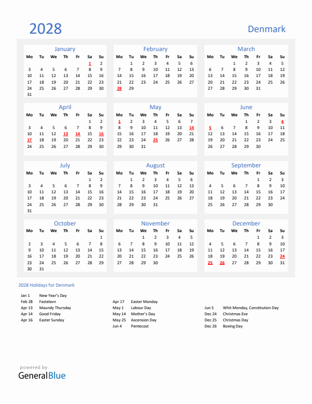 Basic Yearly Calendar with Holidays in Denmark for 2028 
