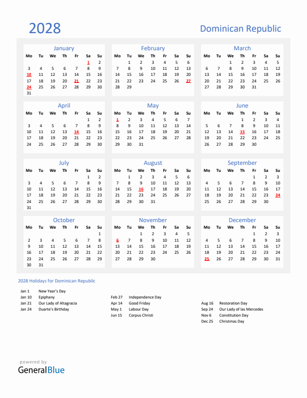 Basic Yearly Calendar with Holidays in Dominican Republic for 2028 