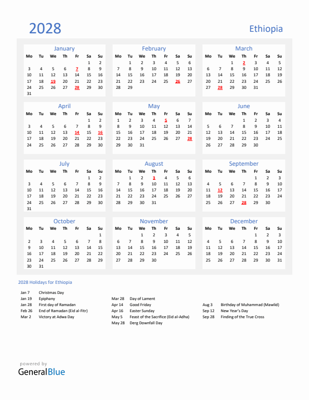 Basic Yearly Calendar with Holidays in Ethiopia for 2028 