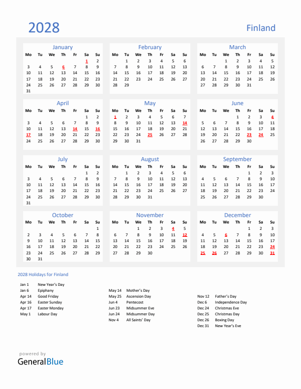Basic Yearly Calendar with Holidays in Finland for 2028 
