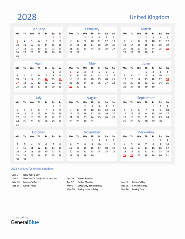 Basic Yearly Calendar with Holidays in United Kingdom for 2028 