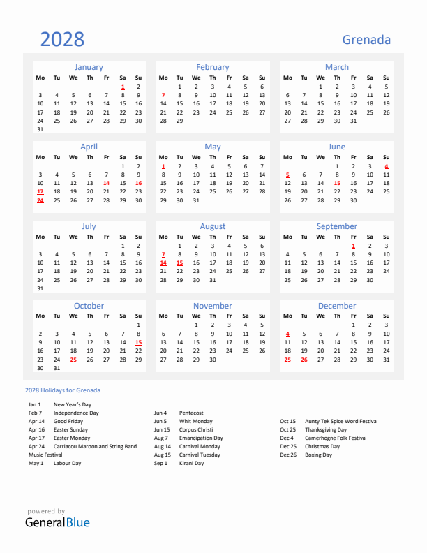 Basic Yearly Calendar with Holidays in Grenada for 2028 
