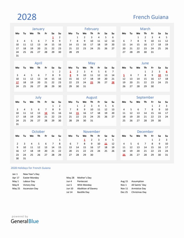 Basic Yearly Calendar with Holidays in French Guiana for 2028 