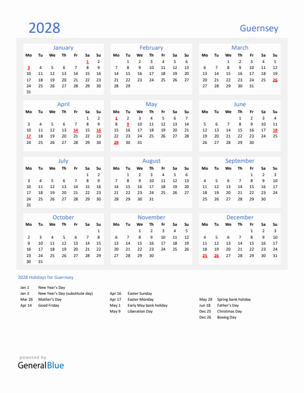 Basic Yearly Calendar with Holidays in Guernsey for 2028 