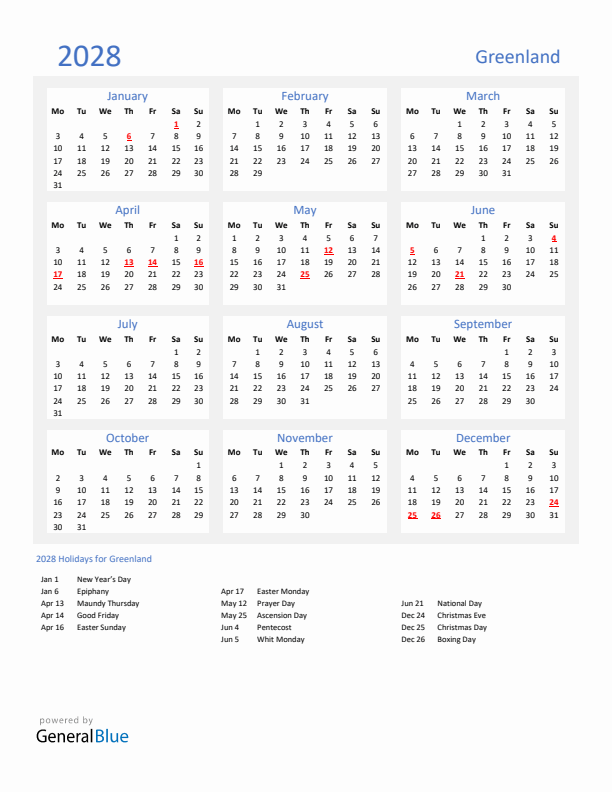 Basic Yearly Calendar with Holidays in Greenland for 2028 