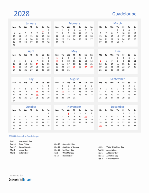 Basic Yearly Calendar with Holidays in Guadeloupe for 2028 