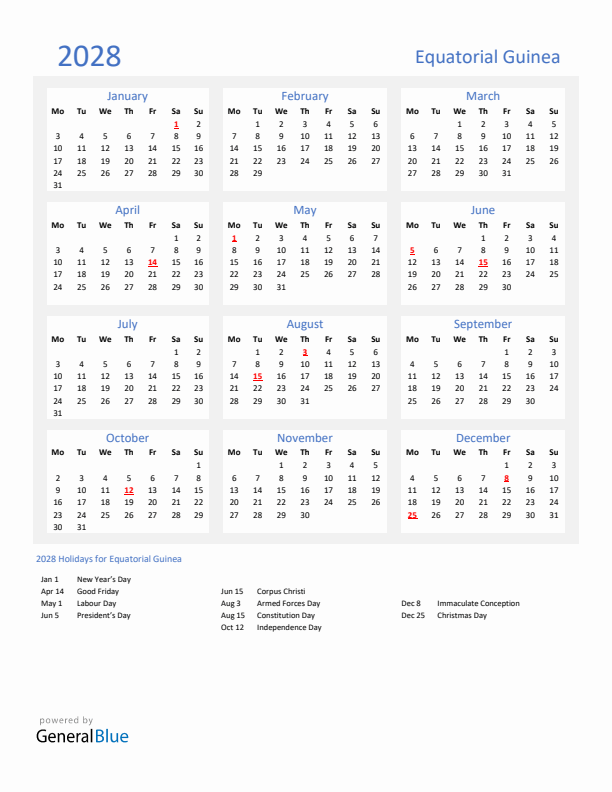 Basic Yearly Calendar with Holidays in Equatorial Guinea for 2028 
