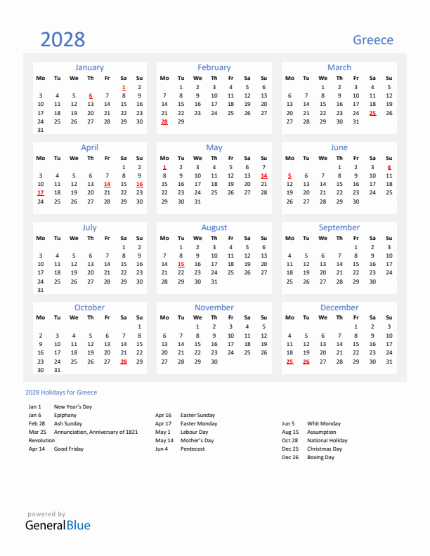 Basic Yearly Calendar with Holidays in Greece for 2028 