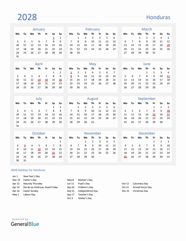 Basic Yearly Calendar with Holidays in Honduras for 2028 