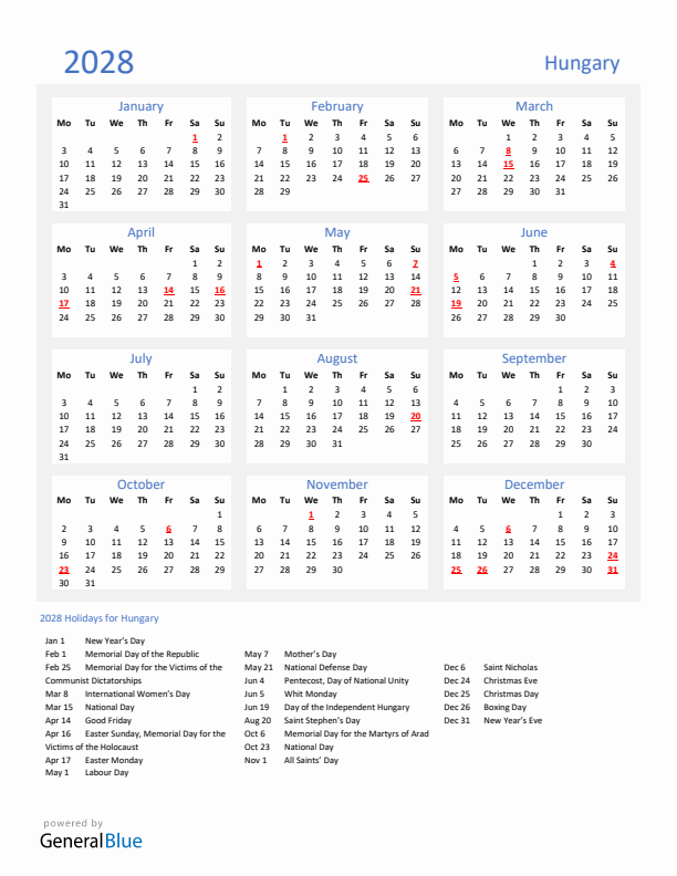 Basic Yearly Calendar with Holidays in Hungary for 2028 