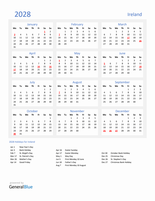 Basic Yearly Calendar with Holidays in Ireland for 2028 