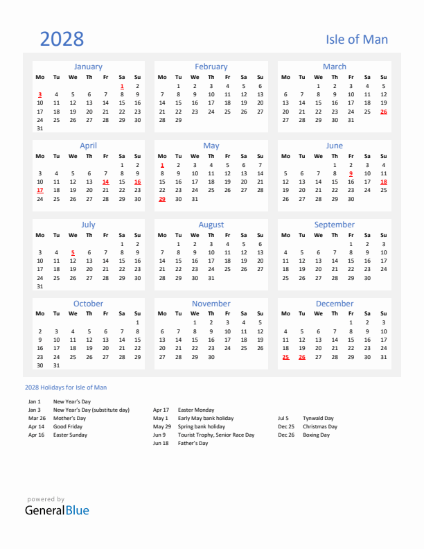 Basic Yearly Calendar with Holidays in Isle of Man for 2028 