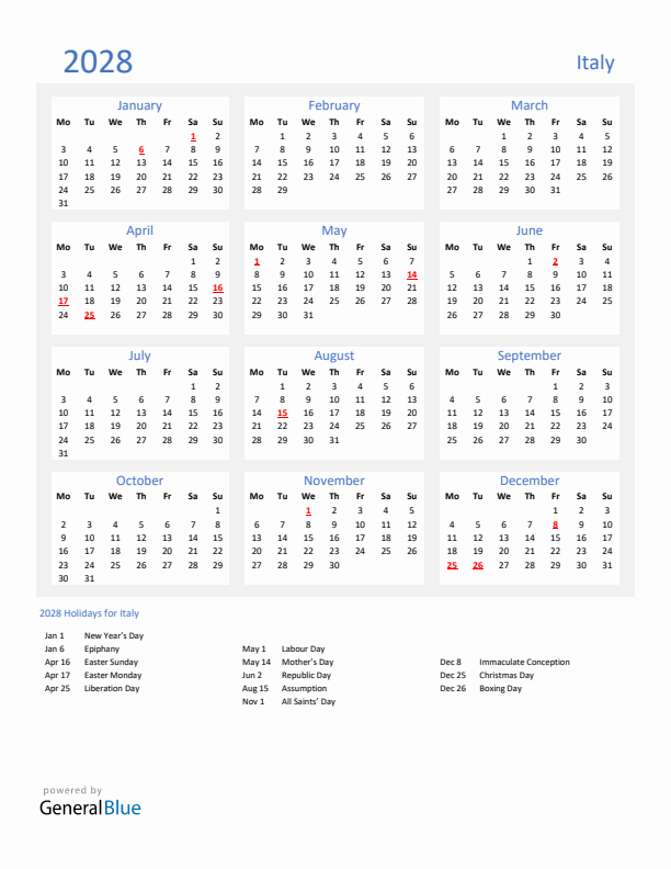 Basic Yearly Calendar with Holidays in Italy for 2028 