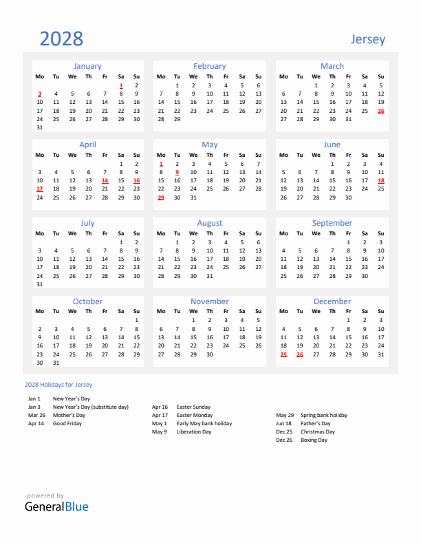 Basic Yearly Calendar with Holidays in Jersey for 2028 