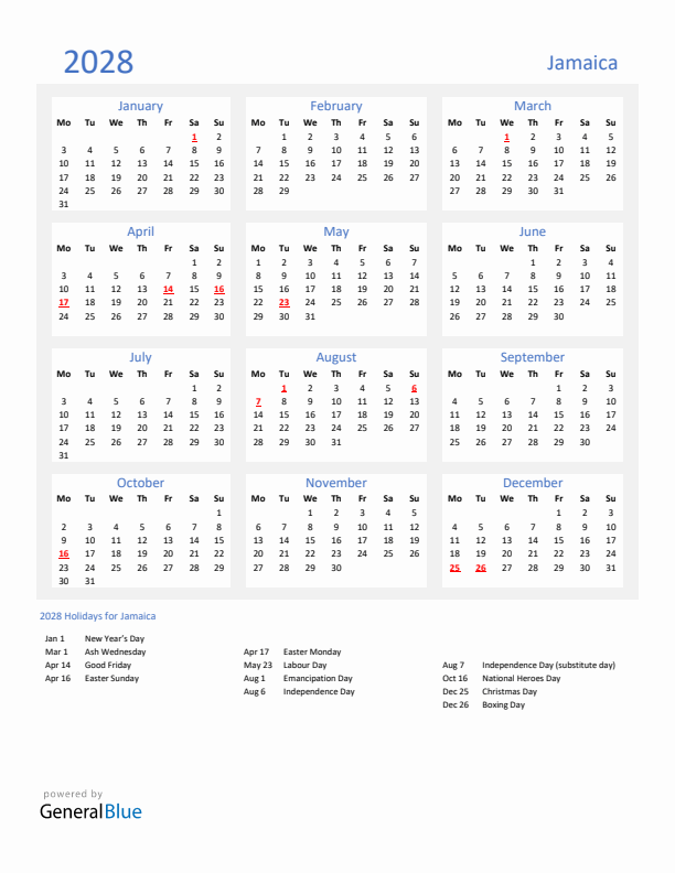 Basic Yearly Calendar with Holidays in Jamaica for 2028 