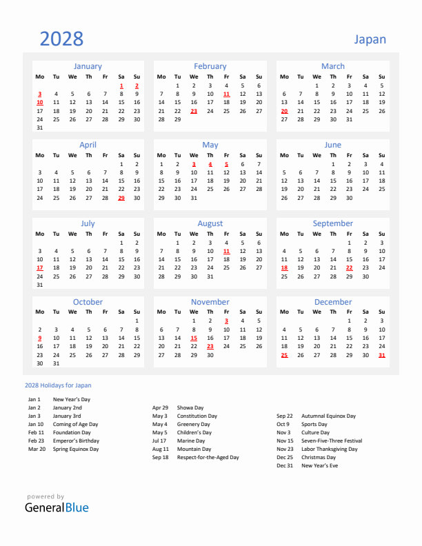 Basic Yearly Calendar with Holidays in Japan for 2028 