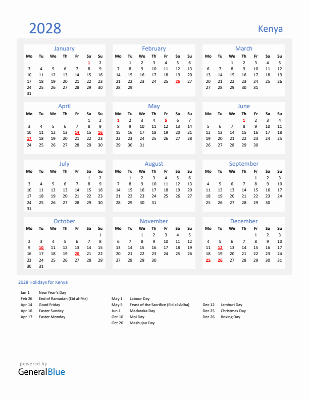 Basic Yearly Calendar with Holidays in Kenya for 2028 
