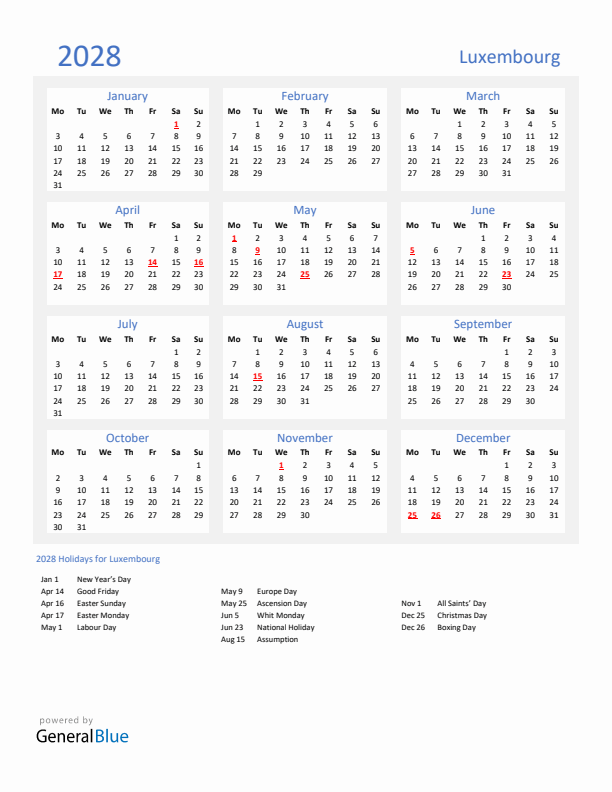 Basic Yearly Calendar with Holidays in Luxembourg for 2028 