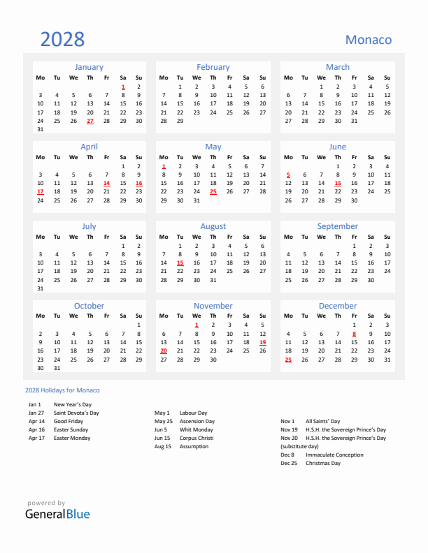 Basic Yearly Calendar with Holidays in Monaco for 2028 