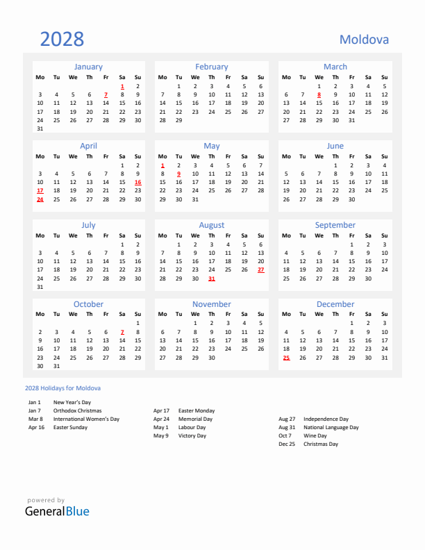 Basic Yearly Calendar with Holidays in Moldova for 2028 