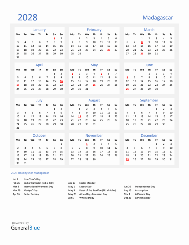 Basic Yearly Calendar with Holidays in Madagascar for 2028 
