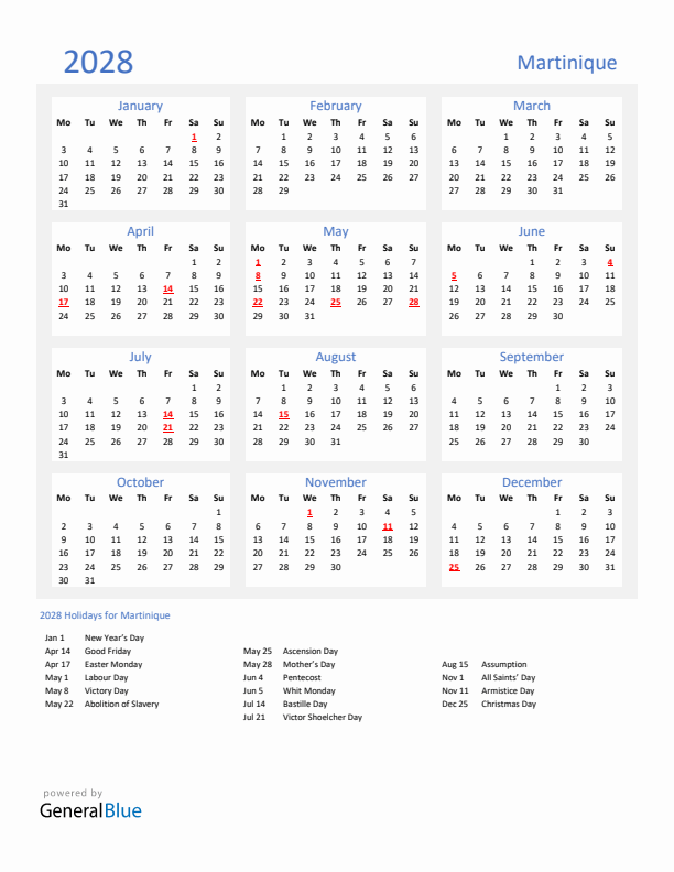 Basic Yearly Calendar with Holidays in Martinique for 2028 
