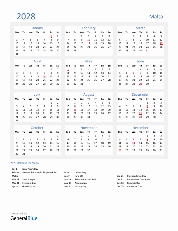 Basic Yearly Calendar with Holidays in Malta for 2028 
