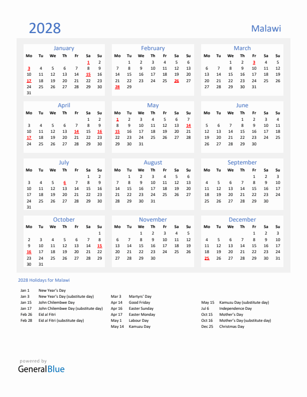 Basic Yearly Calendar with Holidays in Malawi for 2028 