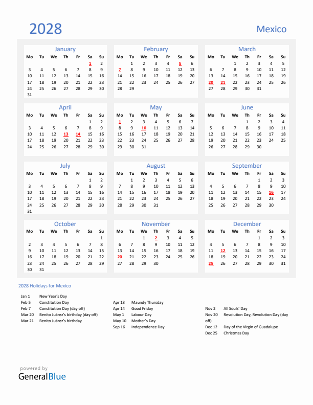 Basic Yearly Calendar with Holidays in Mexico for 2028 