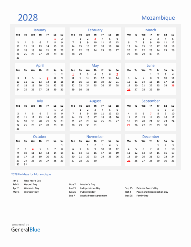 Basic Yearly Calendar with Holidays in Mozambique for 2028 