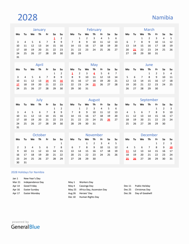 Basic Yearly Calendar with Holidays in Namibia for 2028 