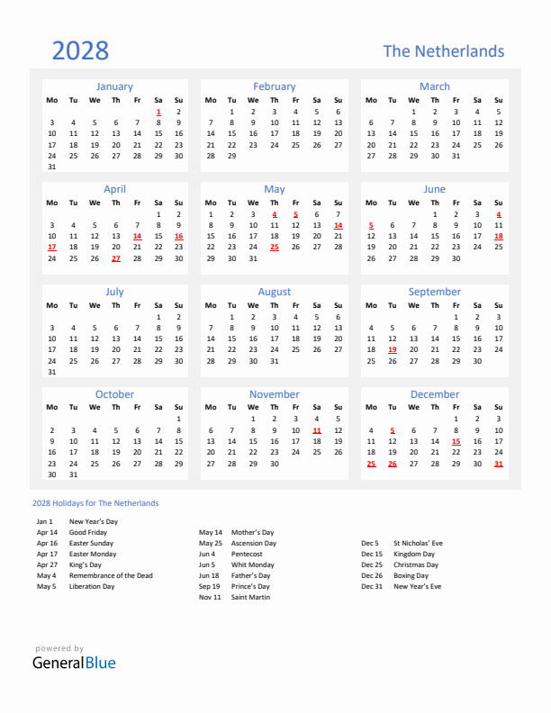 Basic Yearly Calendar with Holidays in The Netherlands for 2028 