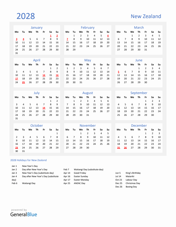 Basic Yearly Calendar with Holidays in New Zealand for 2028 