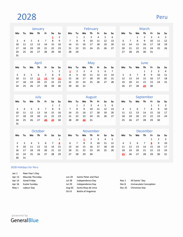 Basic Yearly Calendar with Holidays in Peru for 2028 