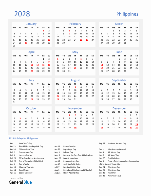 Basic Yearly Calendar with Holidays in Philippines for 2028 