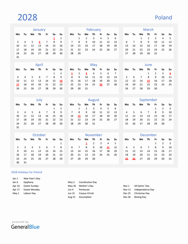 Basic Yearly Calendar with Holidays in Poland for 2028 