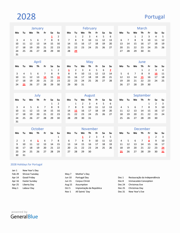 Basic Yearly Calendar with Holidays in Portugal for 2028 