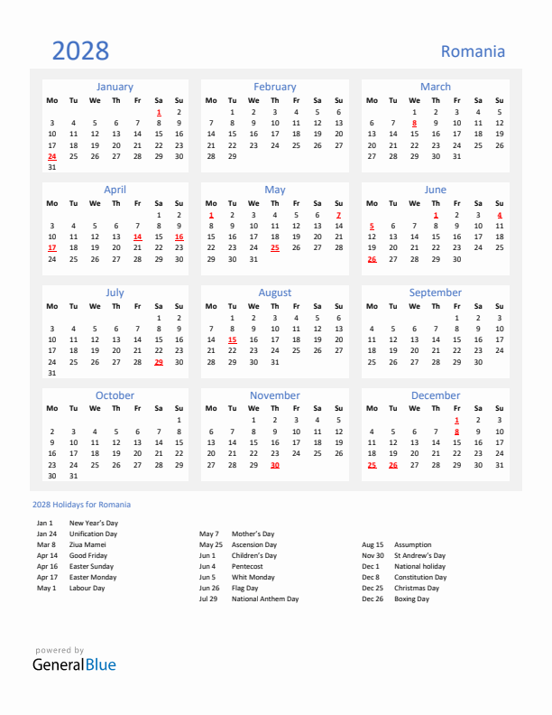 Basic Yearly Calendar with Holidays in Romania for 2028 