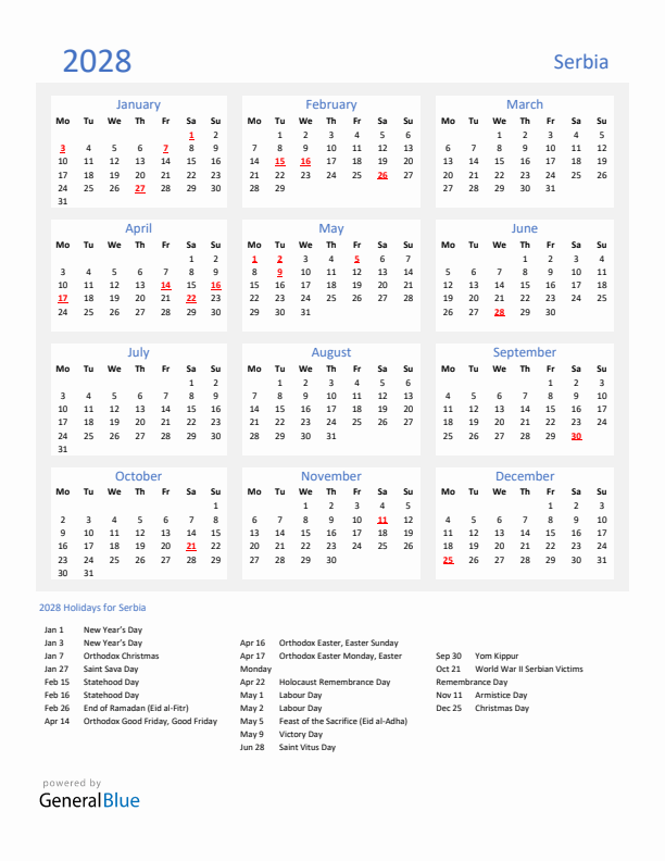 Basic Yearly Calendar with Holidays in Serbia for 2028 