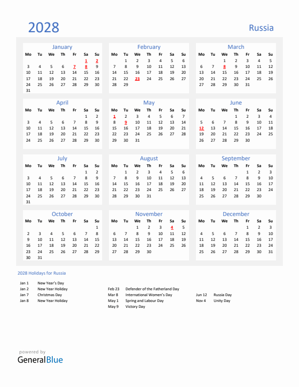Basic Yearly Calendar with Holidays in Russia for 2028 