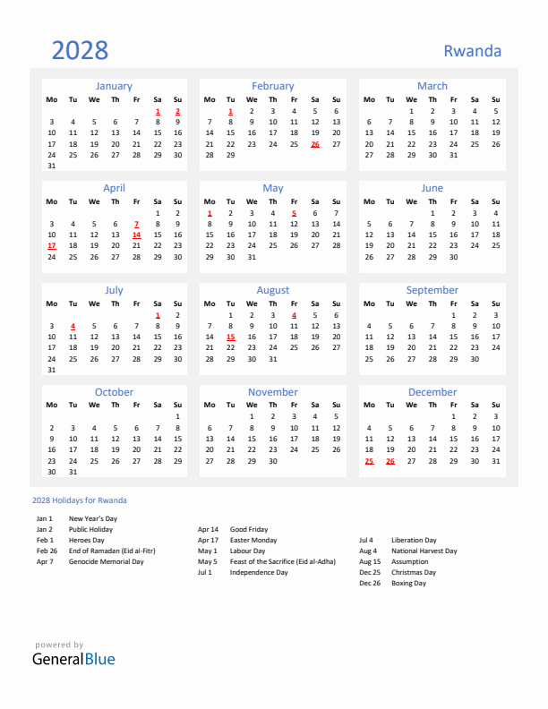 Basic Yearly Calendar with Holidays in Rwanda for 2028 