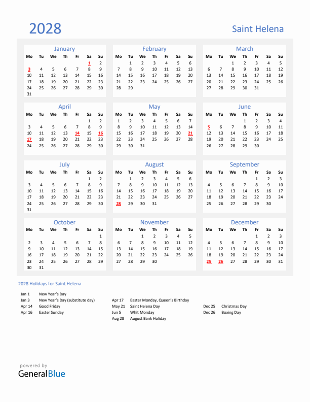 Basic Yearly Calendar with Holidays in Saint Helena for 2028 