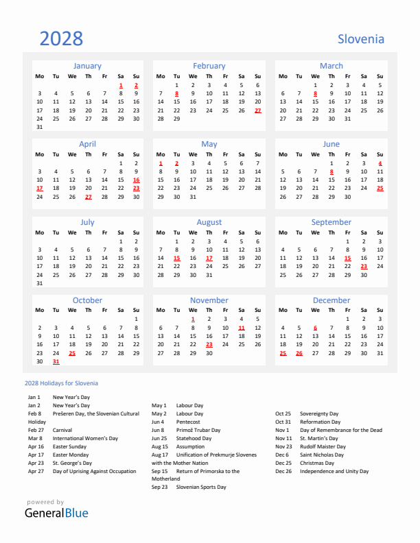 Basic Yearly Calendar with Holidays in Slovenia for 2028 