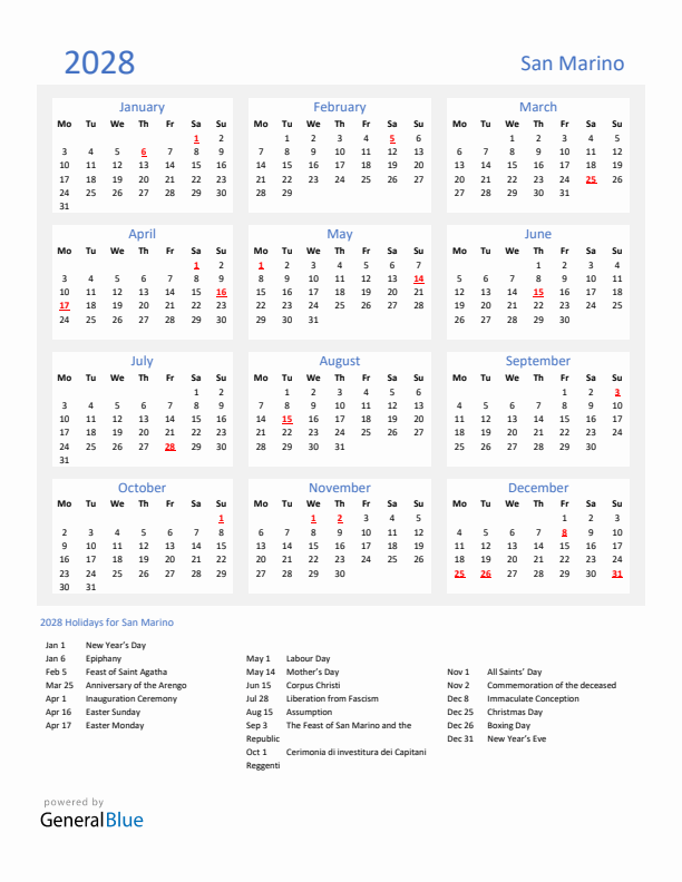Basic Yearly Calendar with Holidays in San Marino for 2028 