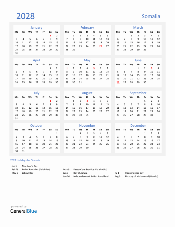 Basic Yearly Calendar with Holidays in Somalia for 2028 