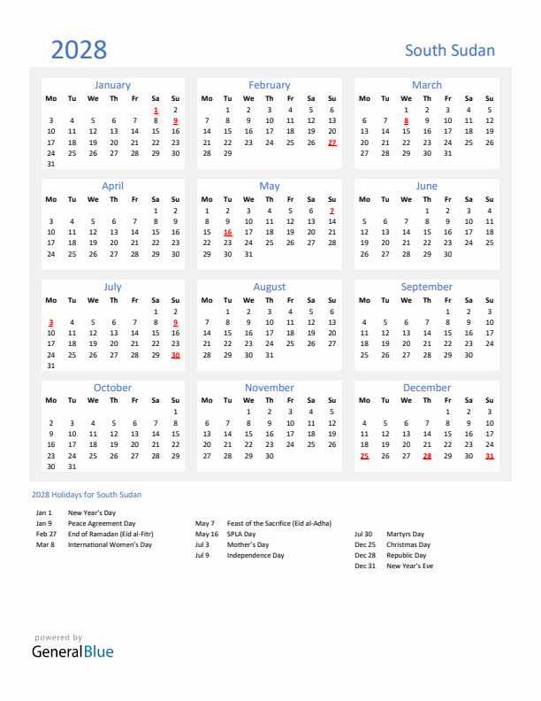 Basic Yearly Calendar with Holidays in South Sudan for 2028 