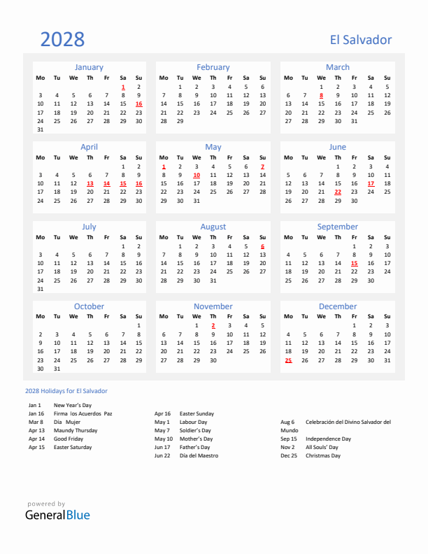 Basic Yearly Calendar with Holidays in El Salvador for 2028 